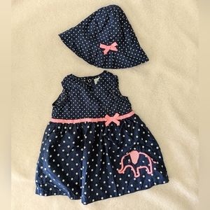 Carter's Navy Blue and Pink Polkadot Tank Dress with Matching Sun Hat. Size 6M